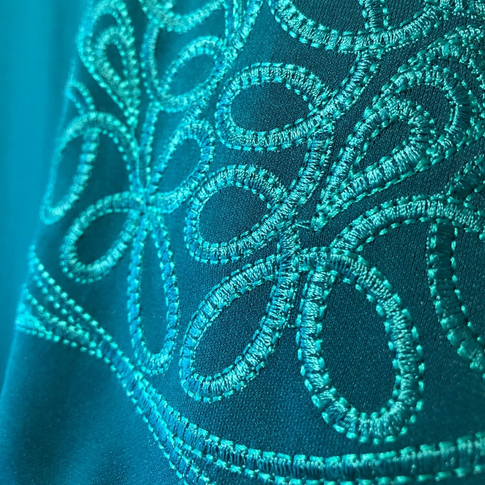 VINTAGE - 1970’s Bob Mackie Teal Embroidered Swing Dress